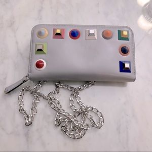 FENDI 
Vitello Liberty Studded Zip Around Wallet on chain woc